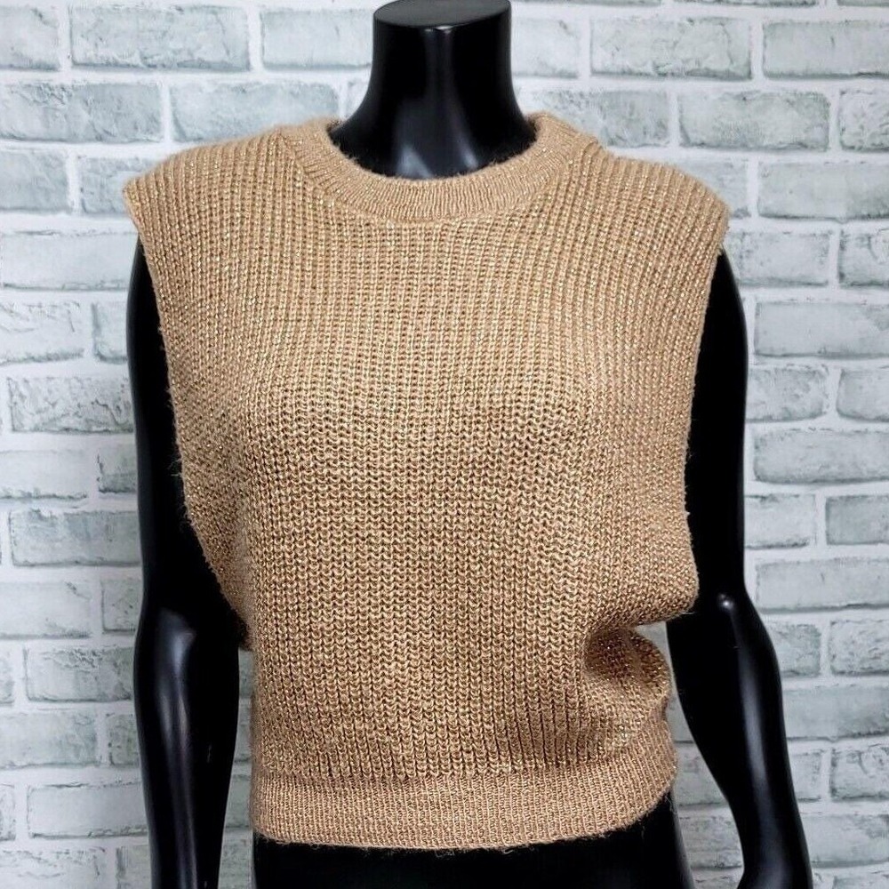 Vintage‎ Penguin B.K. Women Tan Shimmer Knit Sweater Vest Sleeveless Top Medium